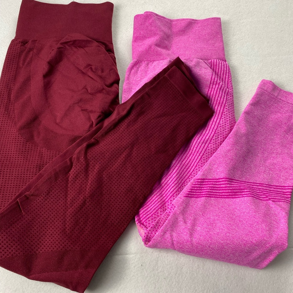2pr Butt Lifting High Waist Yoga Pants/Leggings L Burgundy Pink Compression Gym